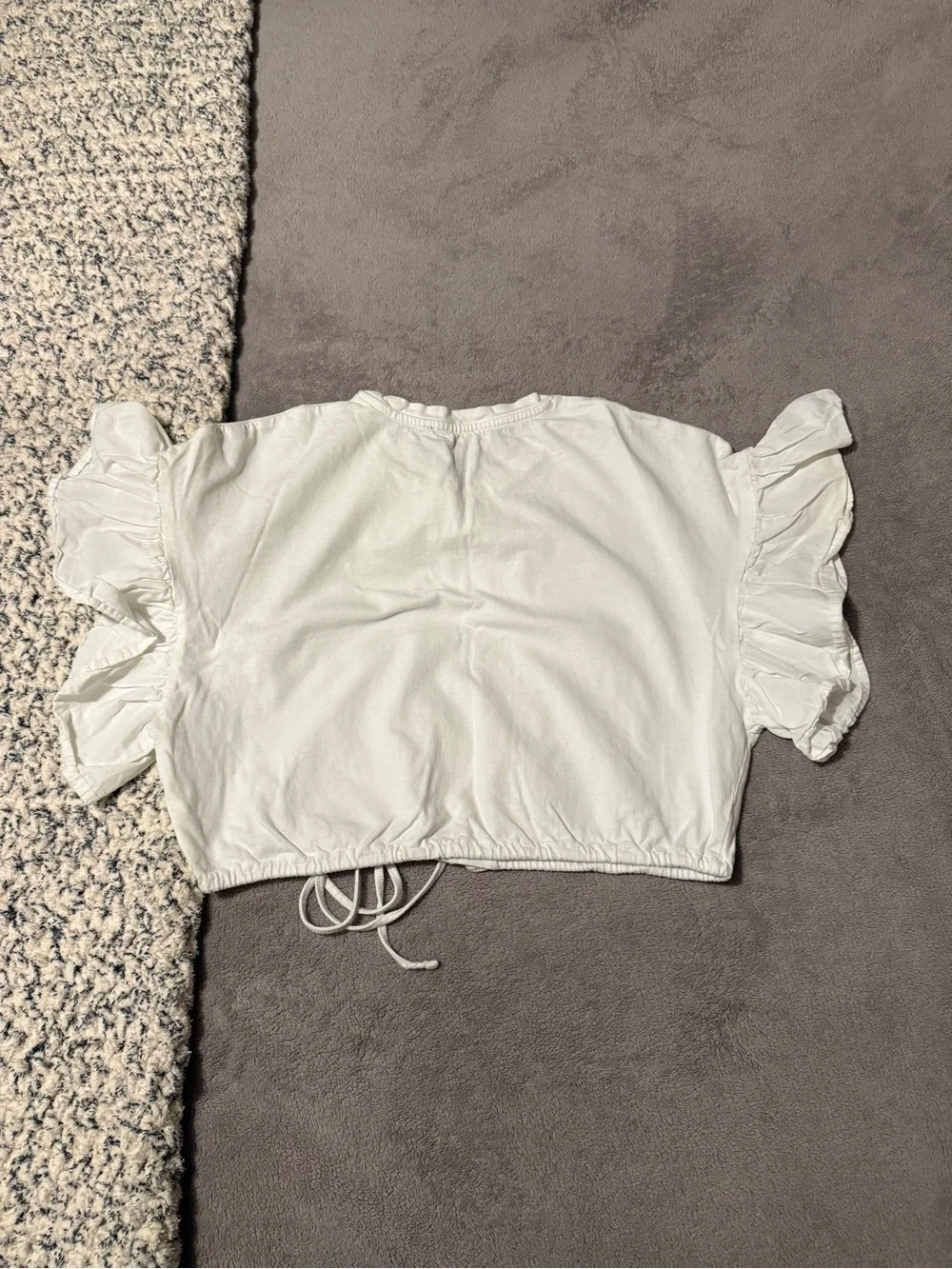 Zara White Ruffle Sleeve Drawstring Crop Top - Picture 2 of 3